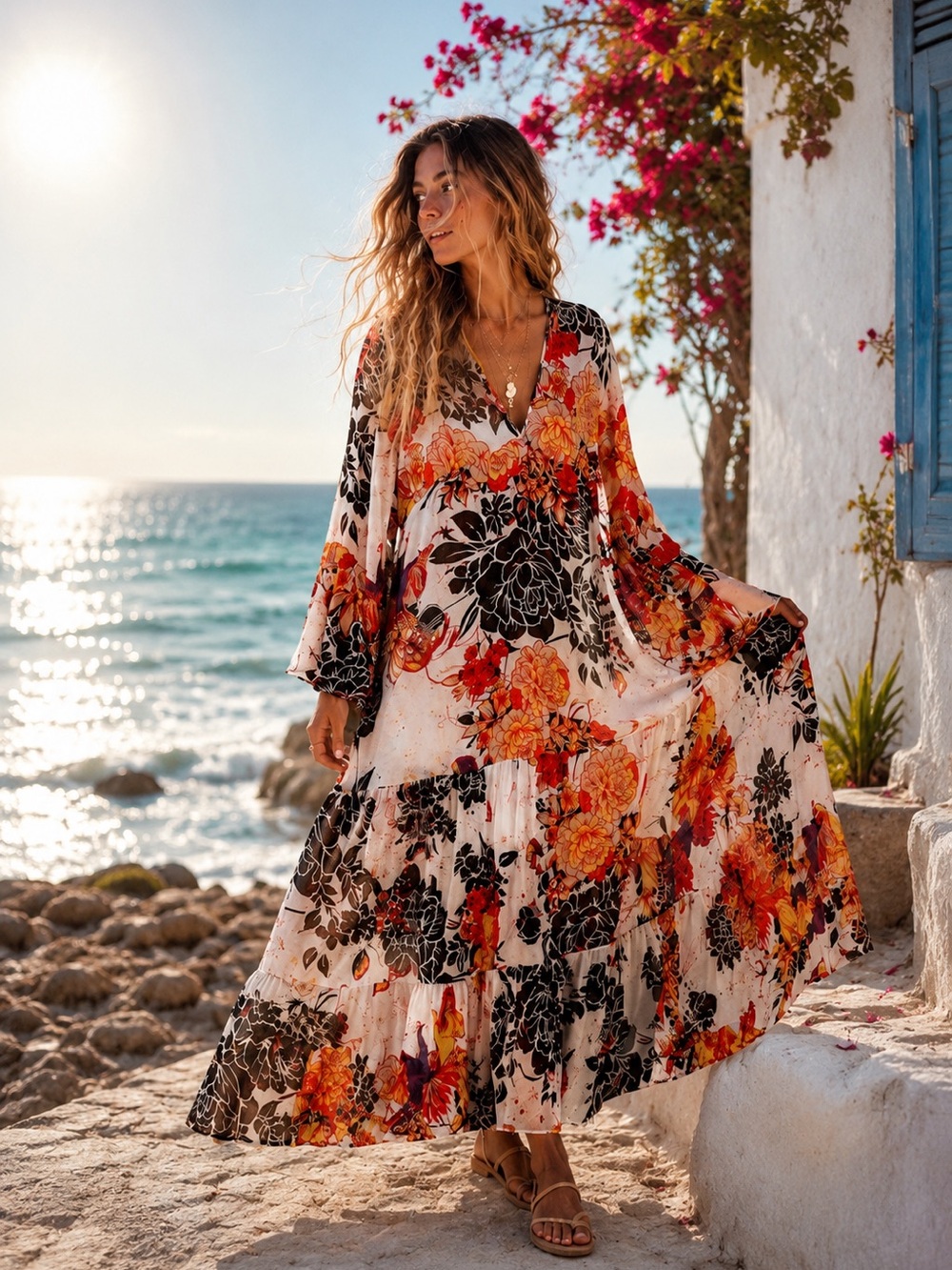 Free People Celestial Phoenix Floral Tiered Maxi Dress Ivory Size S